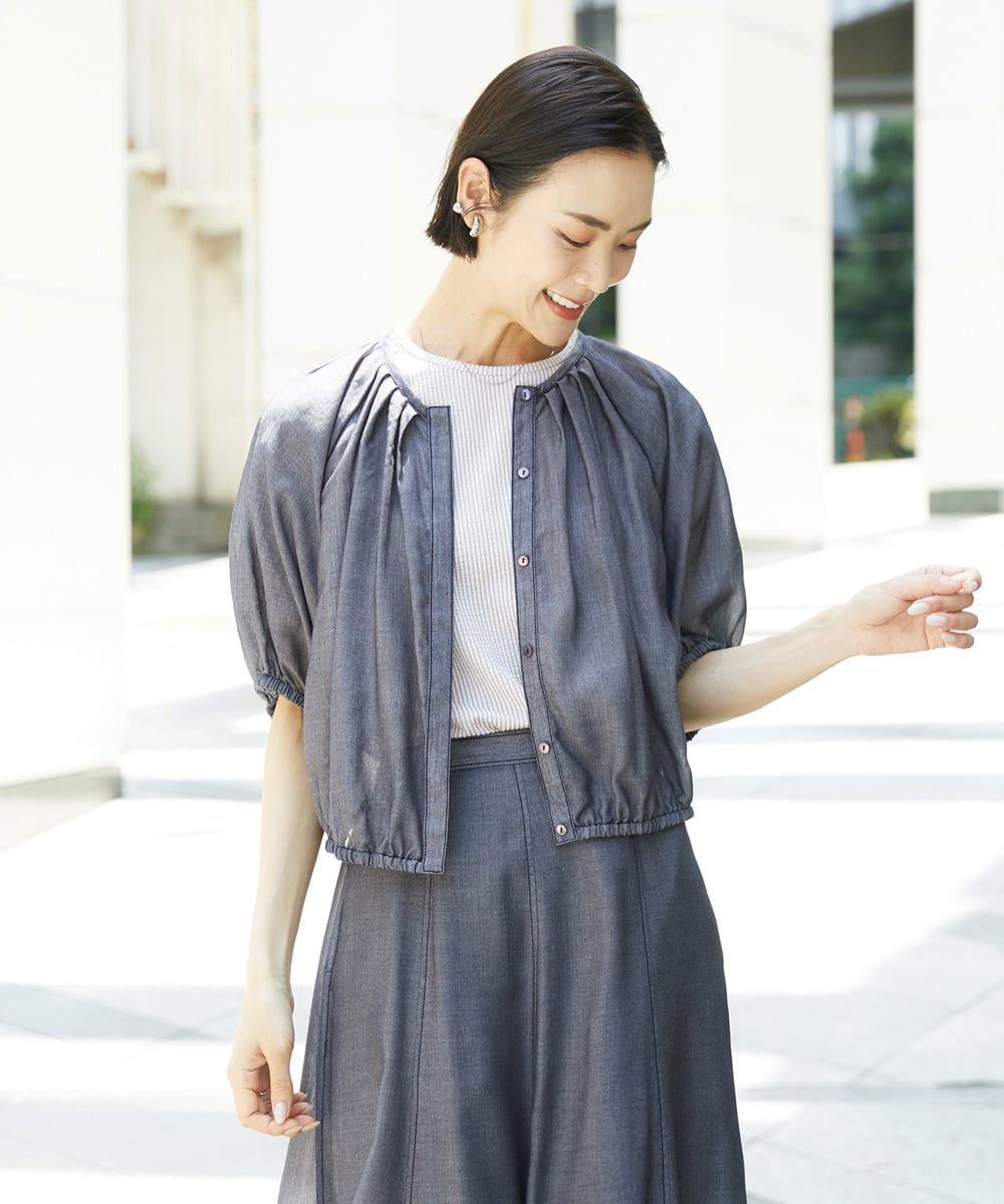 FMBHD05240 MICHEL KLEIN(ミッシェルクラン) [セットアップ対応]デニムライク ギャザーブラウス ネイビー