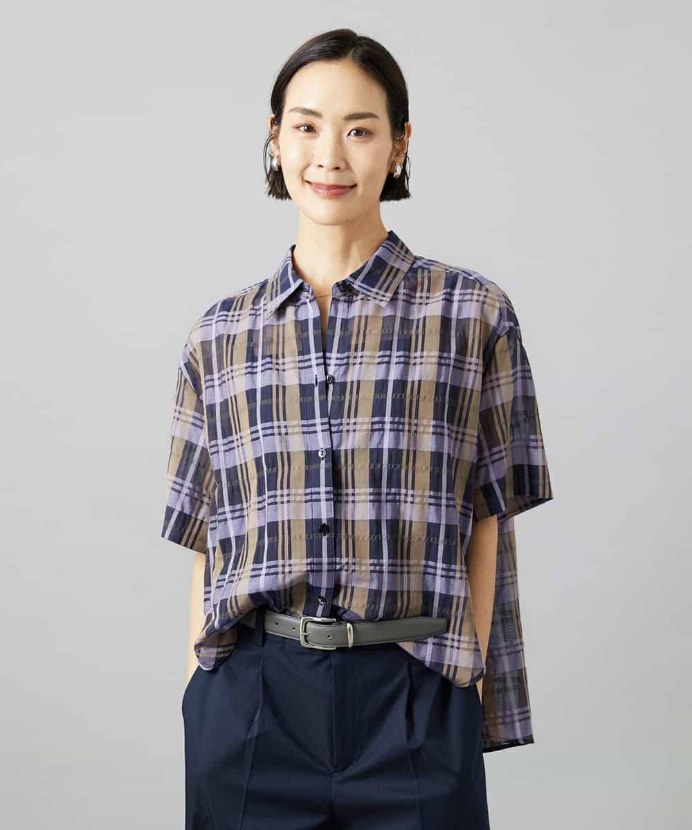 FMBHD06240 MICHEL KLEIN(ミッシェルクラン) シアーチェックシャツ パープル