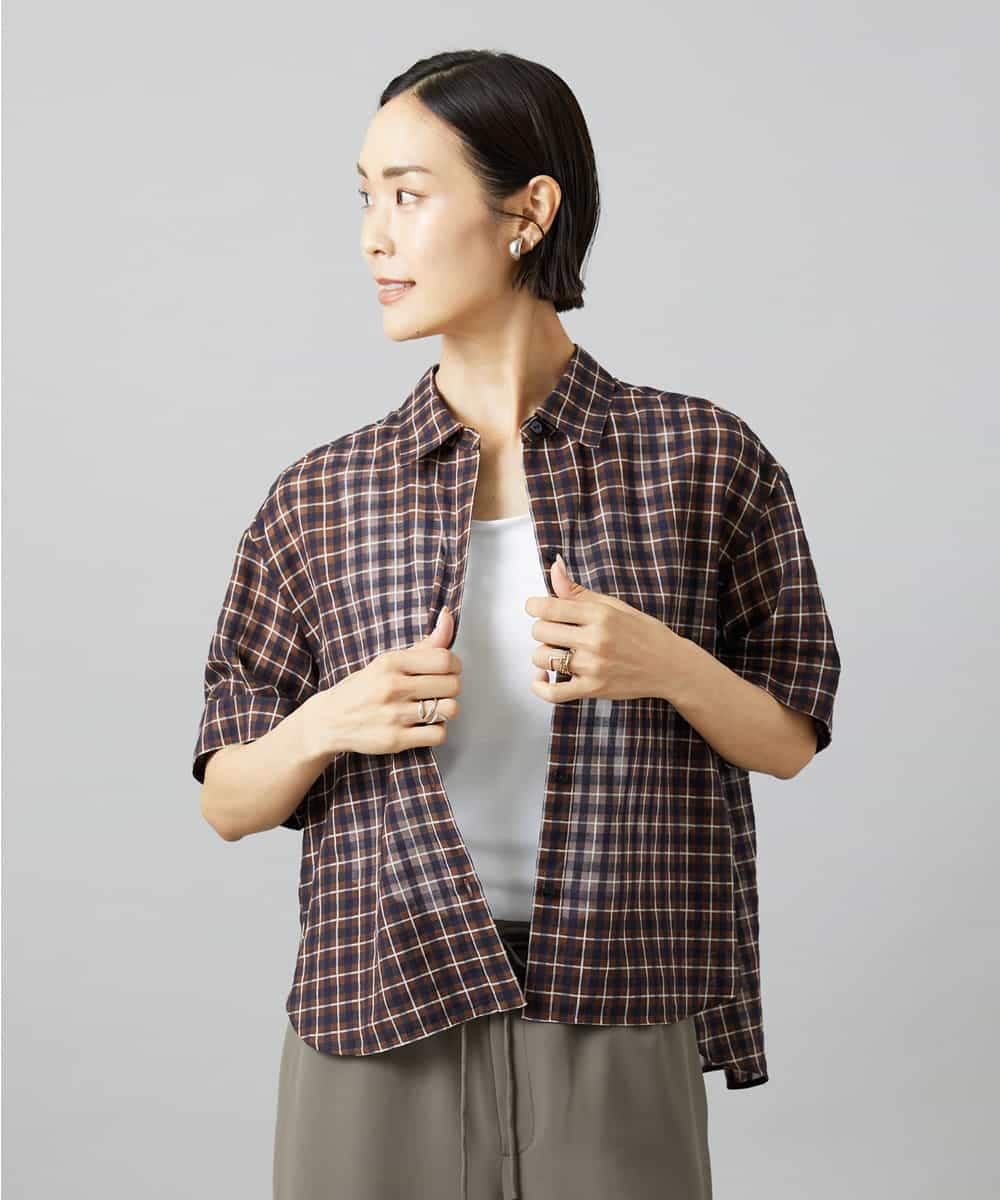 FMBHD06240 MICHEL KLEIN(ミッシェルクラン) シアーチェックシャツ ブラウン