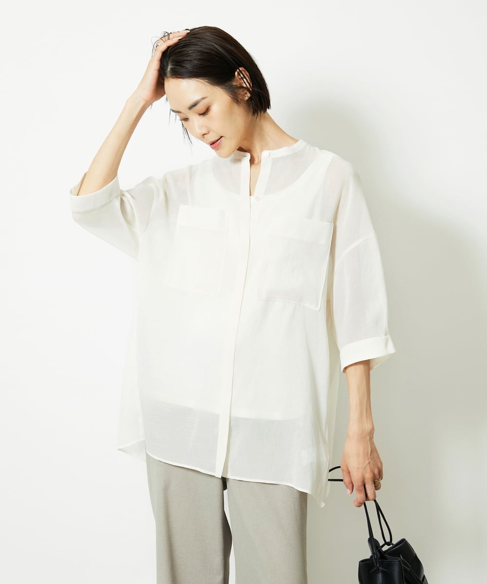FMBJA03200 MICHEL KLEIN(ミッシェルクラン) バンドカラーシアーブラウス ブルー