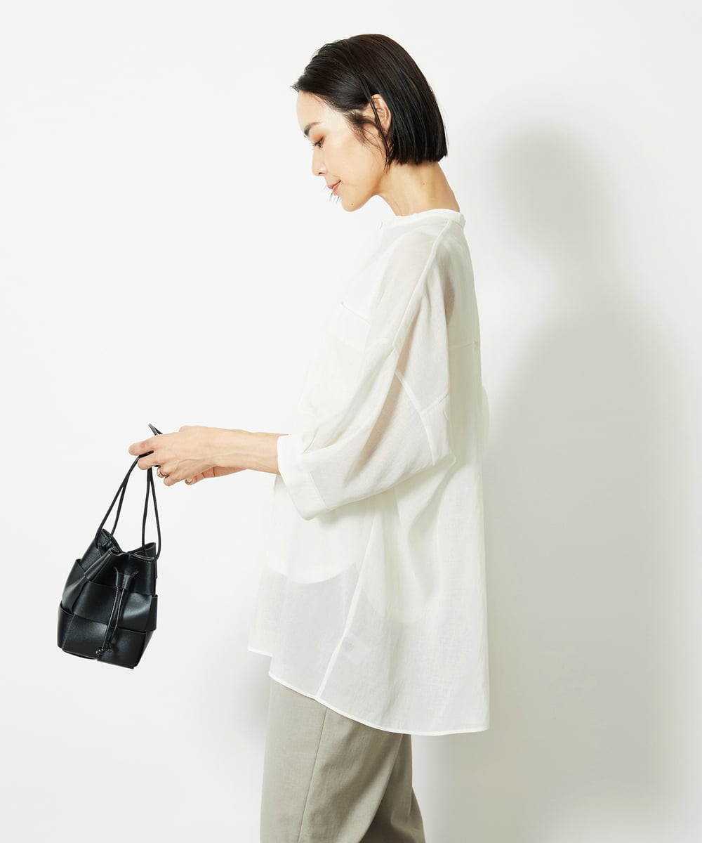 FMBJA03200 MICHEL KLEIN(ミッシェルクラン) バンドカラーシアーブラウス ブルー