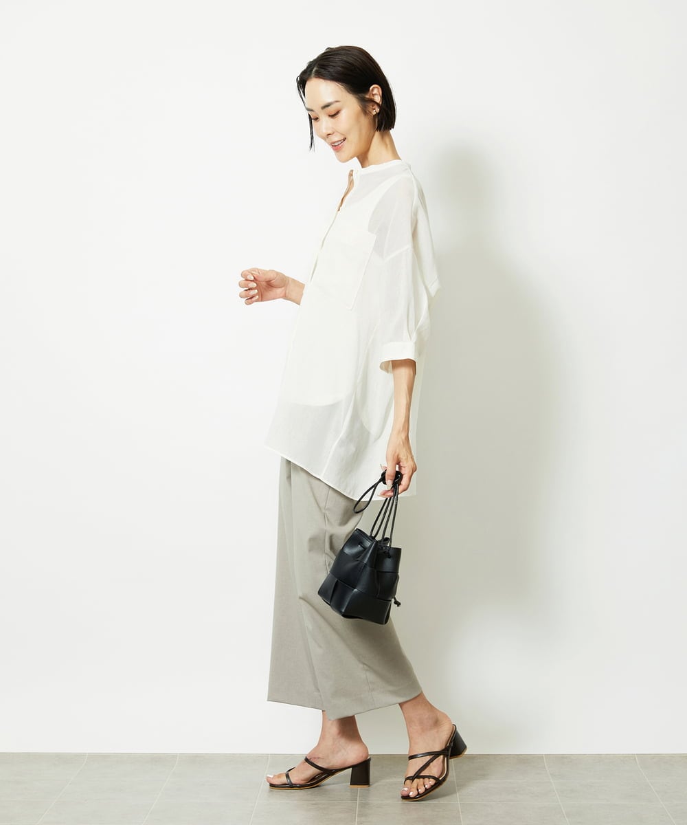 FMBJA03200 MICHEL KLEIN(ミッシェルクラン) バンドカラーシアーブラウス ブルー