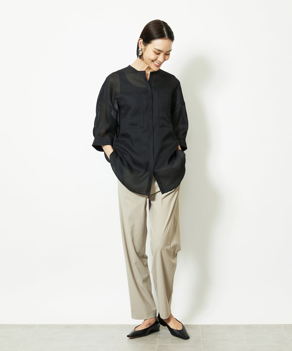 FMBJA03200 MICHEL KLEIN(ミッシェルクラン) バンドカラーシアーブラウス ブルー
