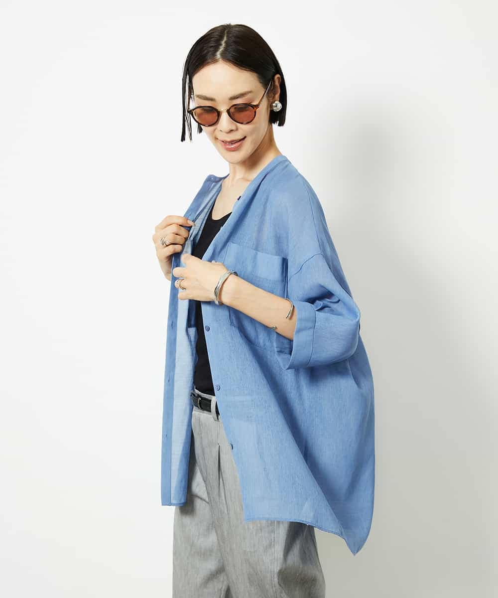 FMBJA03200 MICHEL KLEIN(ミッシェルクラン) バンドカラーシアーブラウス ブルー