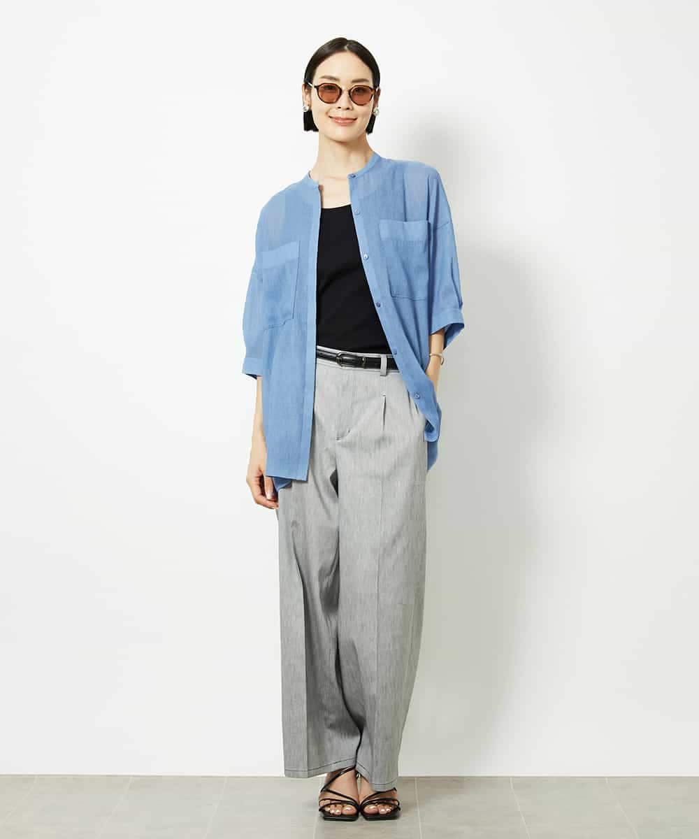 FMBJA03200 MICHEL KLEIN(ミッシェルクラン) バンドカラーシアーブラウス ブルー