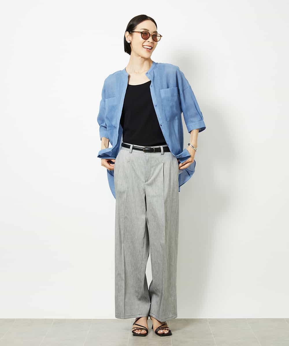 FMBJA03200 MICHEL KLEIN(ミッシェルクラン) バンドカラーシアーブラウス ブルー