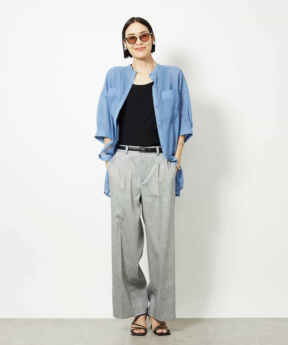 FMBJA03200 MICHEL KLEIN(ミッシェルクラン) バンドカラーシアーブラウス ブルー