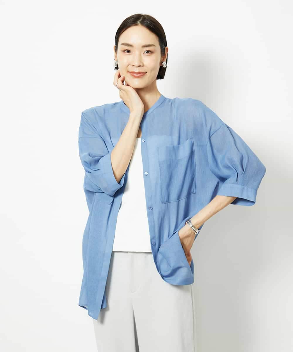 FMBJA03200 MICHEL KLEIN(ミッシェルクラン) バンドカラーシアーブラウス ブルー