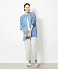 FMBJA03200 MICHEL KLEIN(ミッシェルクラン) バンドカラーシアーブラウス ブルー