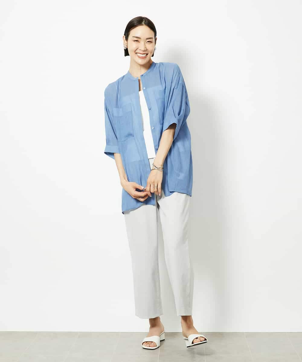 FMBJA03200 MICHEL KLEIN(ミッシェルクラン) バンドカラーシアーブラウス ブルー