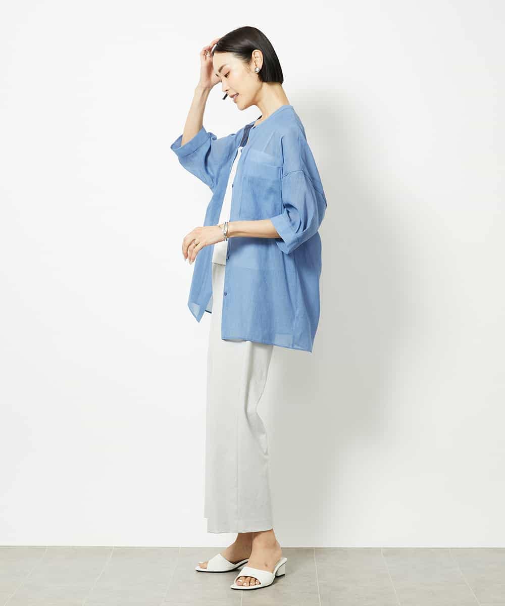 FMBJA03200 MICHEL KLEIN(ミッシェルクラン) バンドカラーシアーブラウス ブルー
