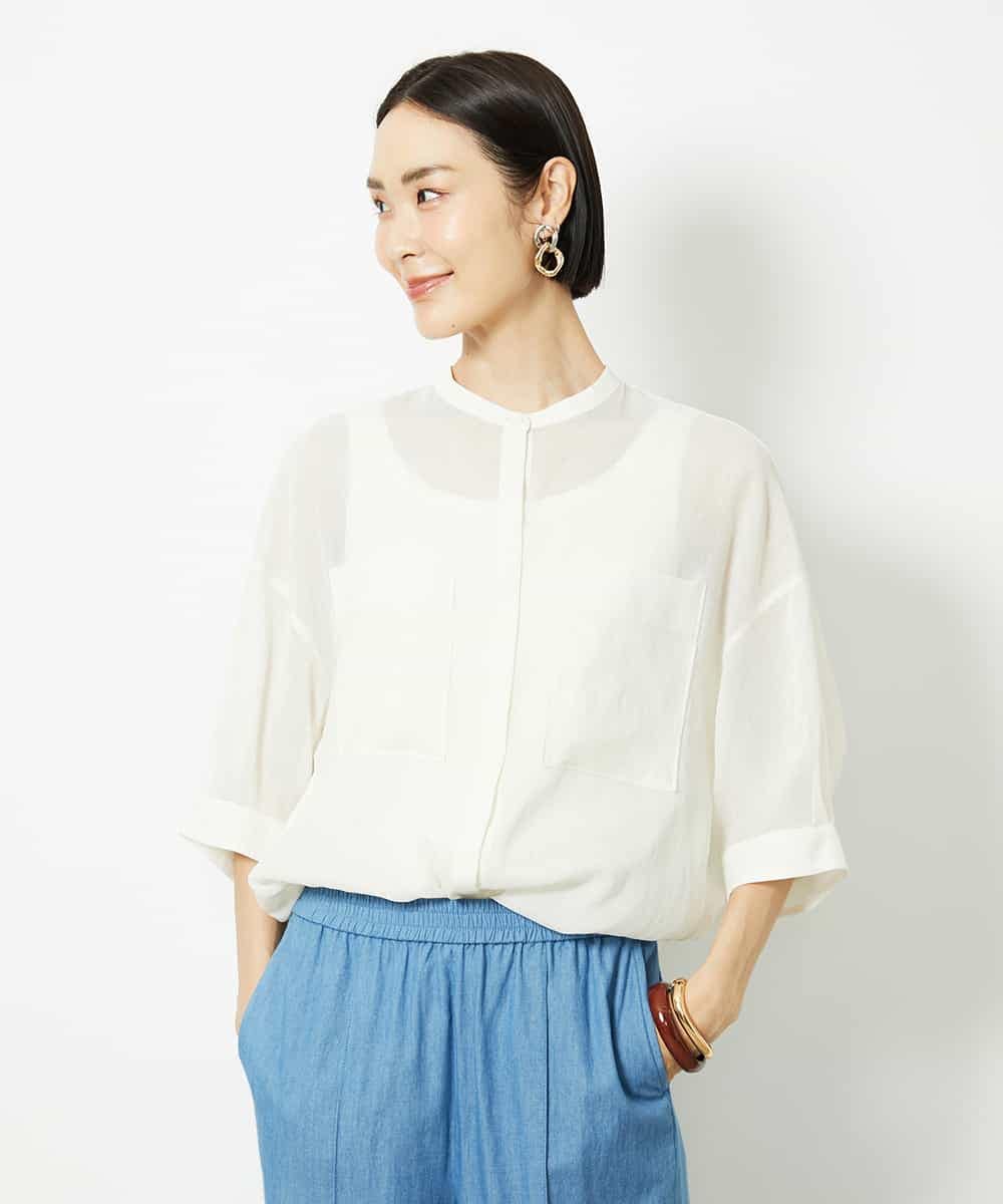 FMBJA03200 MICHEL KLEIN(ミッシェルクラン) バンドカラーシアーブラウス ブルー