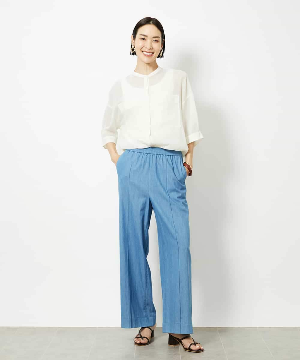 FMBJA03200 MICHEL KLEIN(ミッシェルクラン) バンドカラーシアーブラウス ブルー