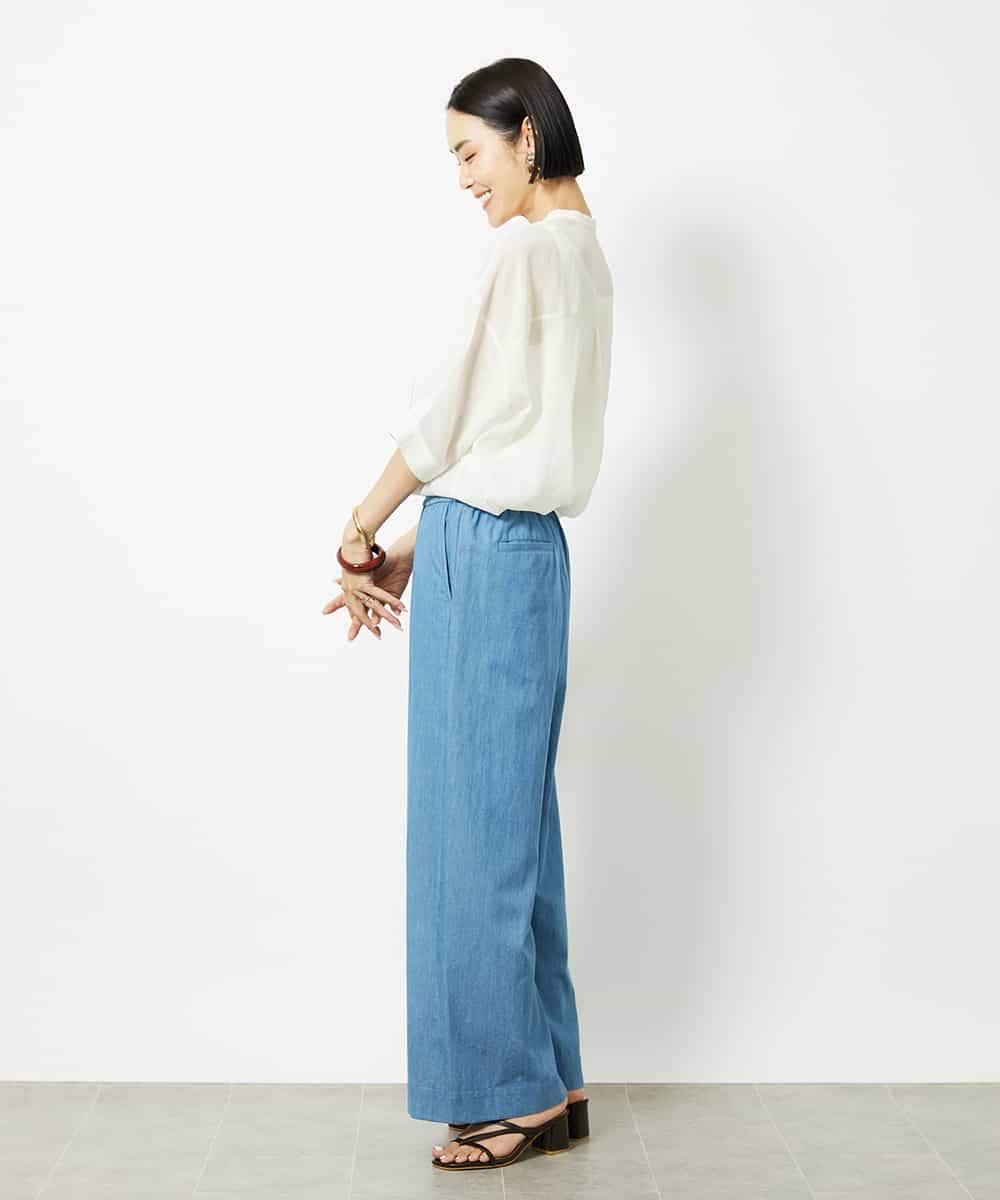 FMBJA03200 MICHEL KLEIN(ミッシェルクラン) バンドカラーシアーブラウス ブルー