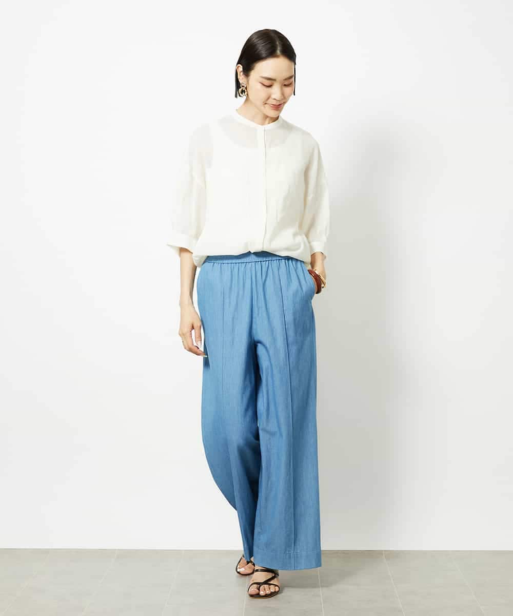 FMBJA03200 MICHEL KLEIN(ミッシェルクラン) バンドカラーシアーブラウス ブルー