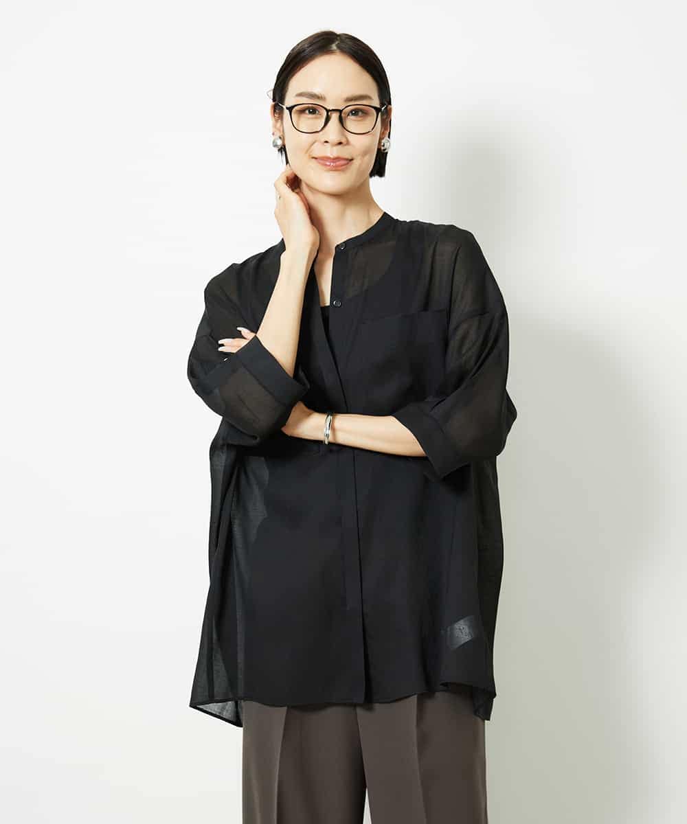 FMBJA03200 MICHEL KLEIN(ミッシェルクラン) バンドカラーシアーブラウス ブルー