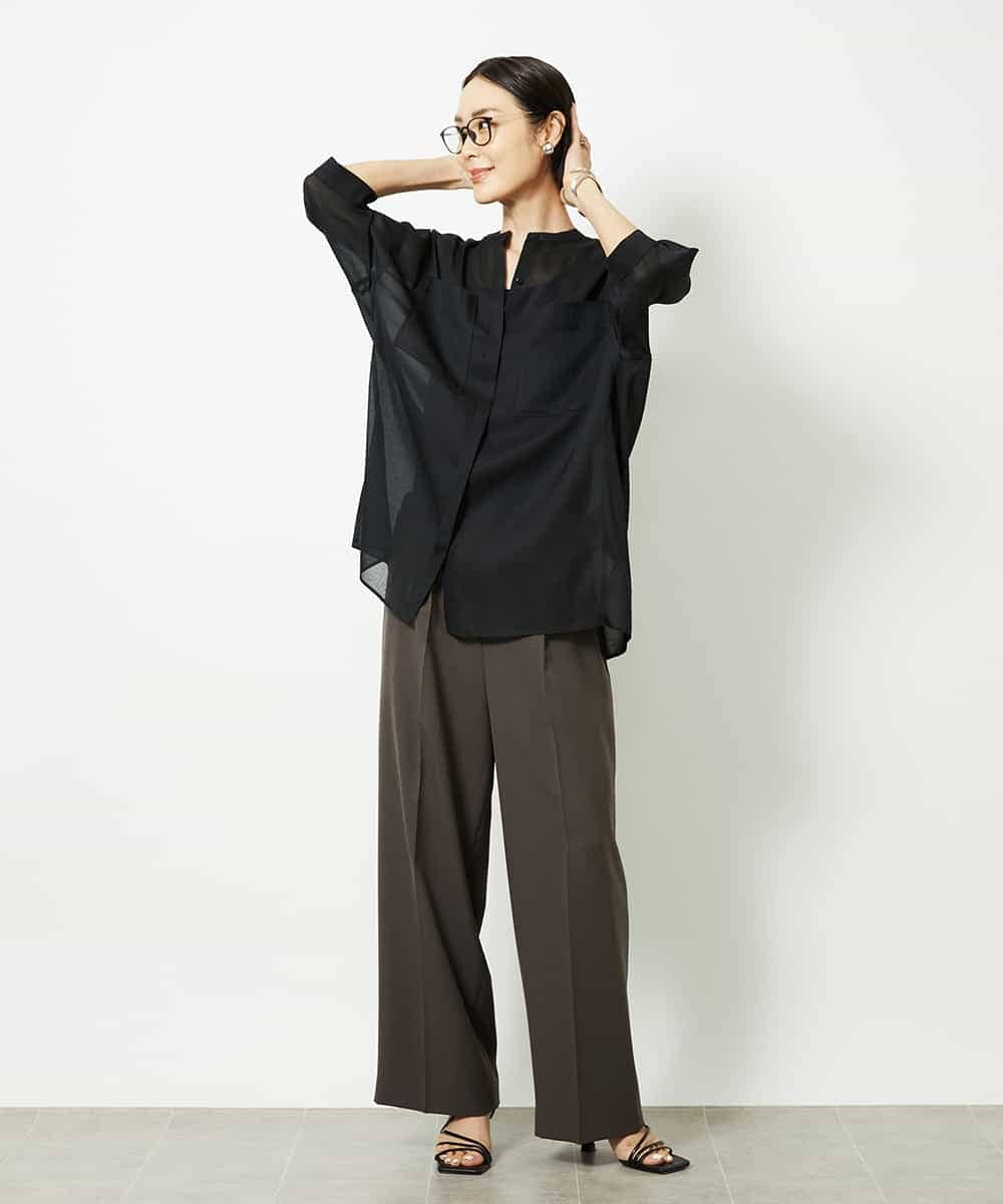 FMBJA03200 MICHEL KLEIN(ミッシェルクラン) バンドカラーシアーブラウス ブルー