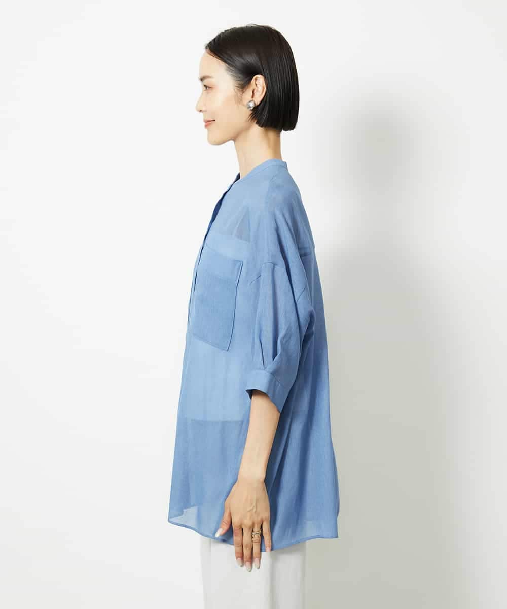 FMBJA03200 MICHEL KLEIN(ミッシェルクラン) バンドカラーシアーブラウス ブルー