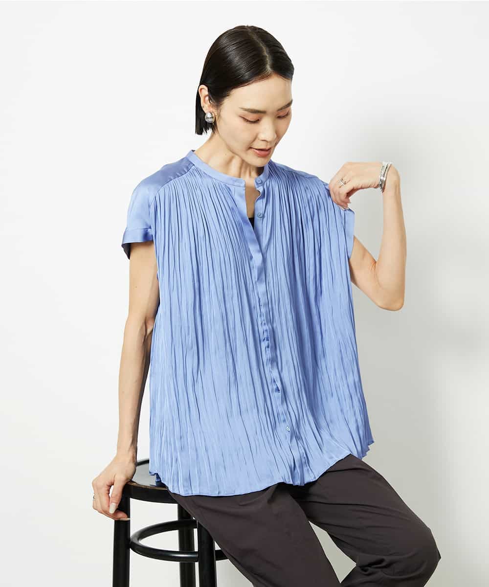 FMBJA06170 MICHEL KLEIN(ミッシェルクラン) ランダムプリーツブラウス ブルー