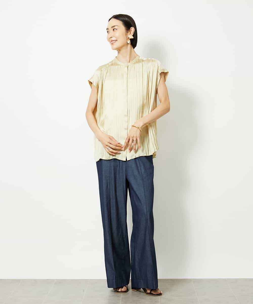FMBJA06170 MICHEL KLEIN(ミッシェルクラン) ランダムプリーツブラウス ブルー
