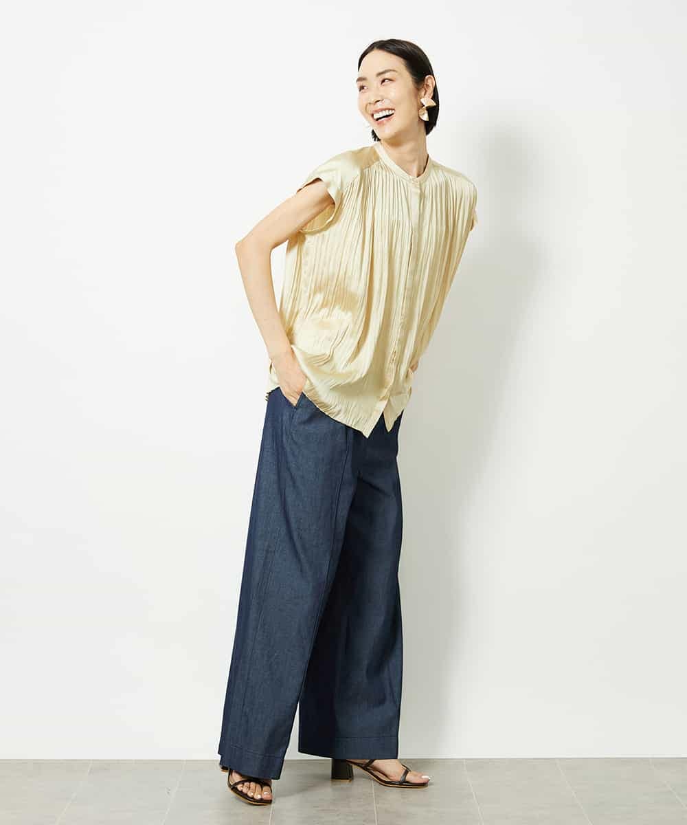 FMBJA06170 MICHEL KLEIN(ミッシェルクラン) ランダムプリーツブラウス ブルー