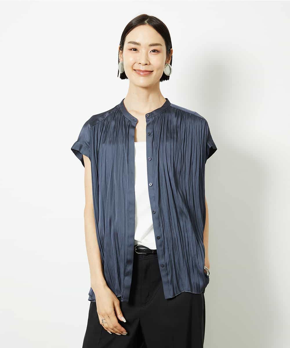 FMBJA06170 MICHEL KLEIN(ミッシェルクラン) ランダムプリーツブラウス ブルー