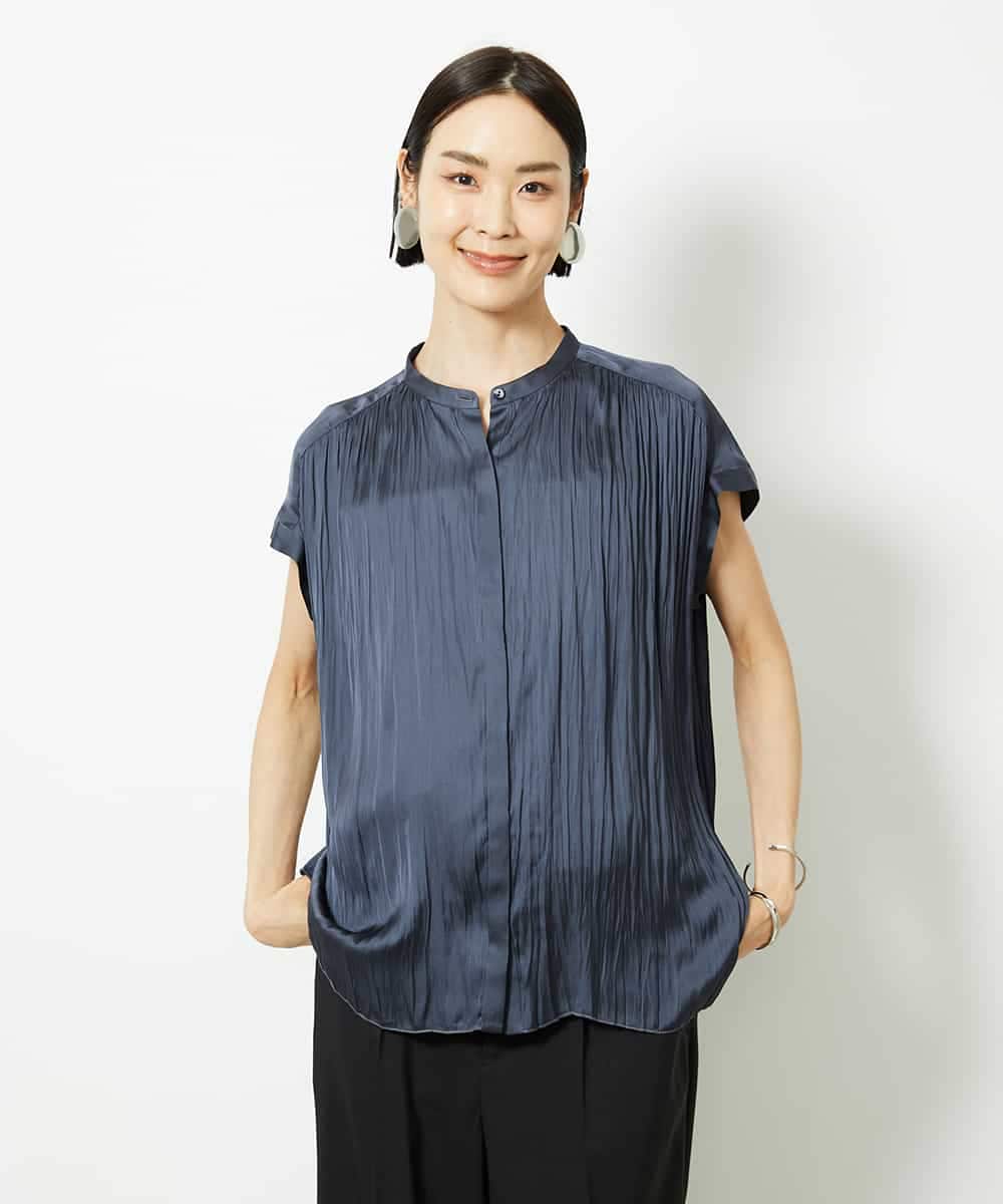FMBJA06170 MICHEL KLEIN(ミッシェルクラン) ランダムプリーツブラウス ブルー