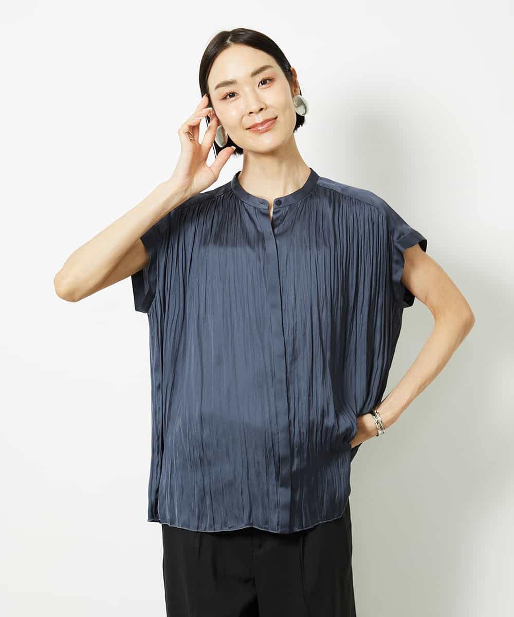 FMBJA06170 MICHEL KLEIN(ミッシェルクラン) ランダムプリーツブラウス ブルー