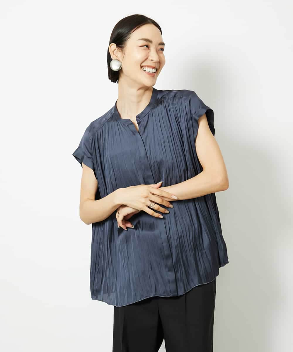 FMBJA06170 MICHEL KLEIN(ミッシェルクラン) ランダムプリーツブラウス ブルー