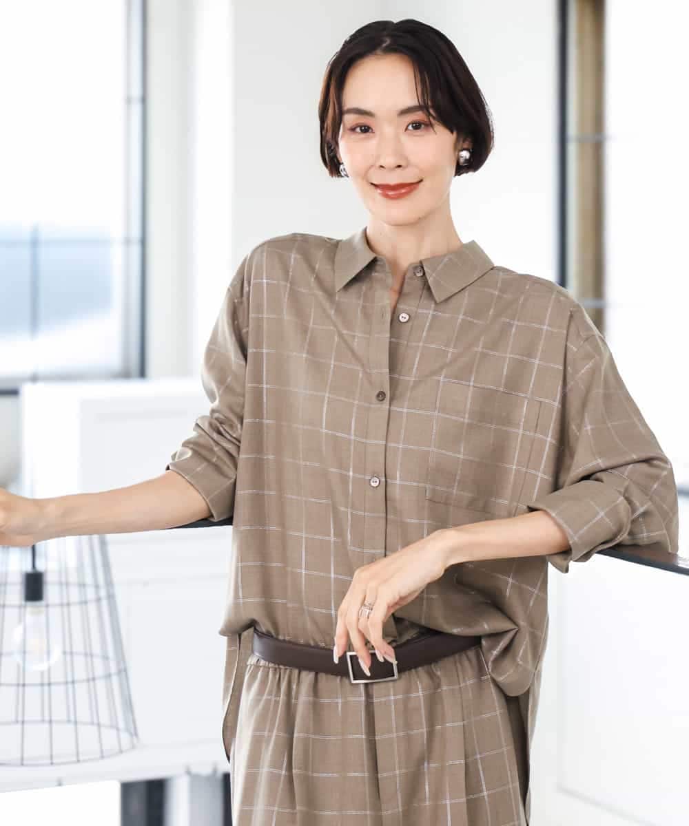 FMBJD01280 MICHEL KLEIN(ミッシェルクラン) [セットアップ対応]ラメチェックオーバーシャツ ベージュ