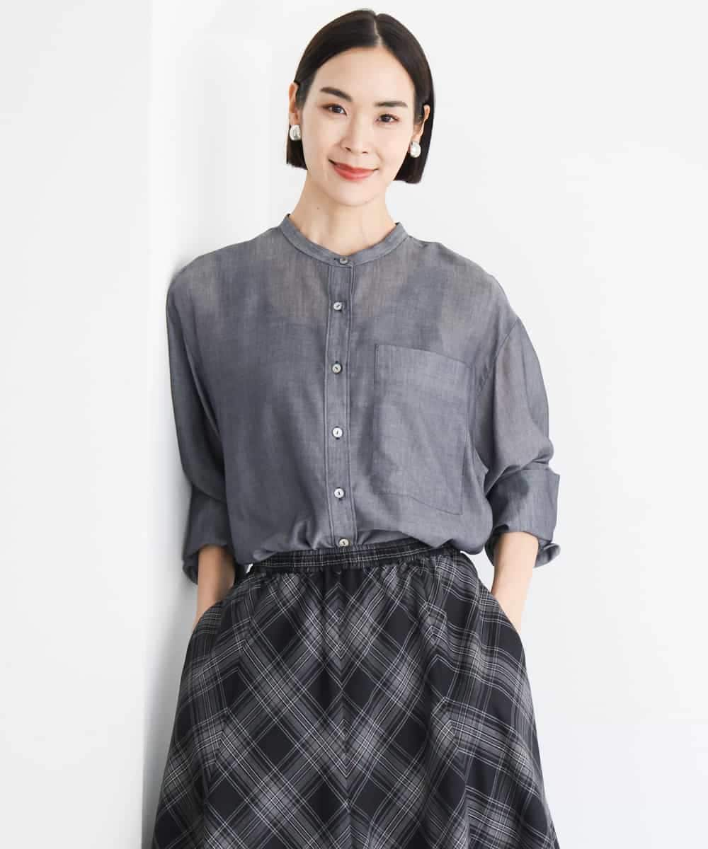 FMBJD02260 MICHEL KLEIN(ミッシェルクラン) シアーシャンブレーバンドカラーシャツ ネイビー