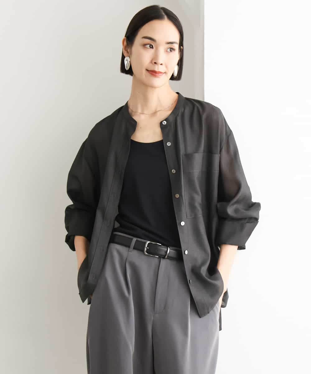 FMBJD02260 MICHEL KLEIN(ミッシェルクラン) シアーシャンブレーバンドカラーシャツ ブラック