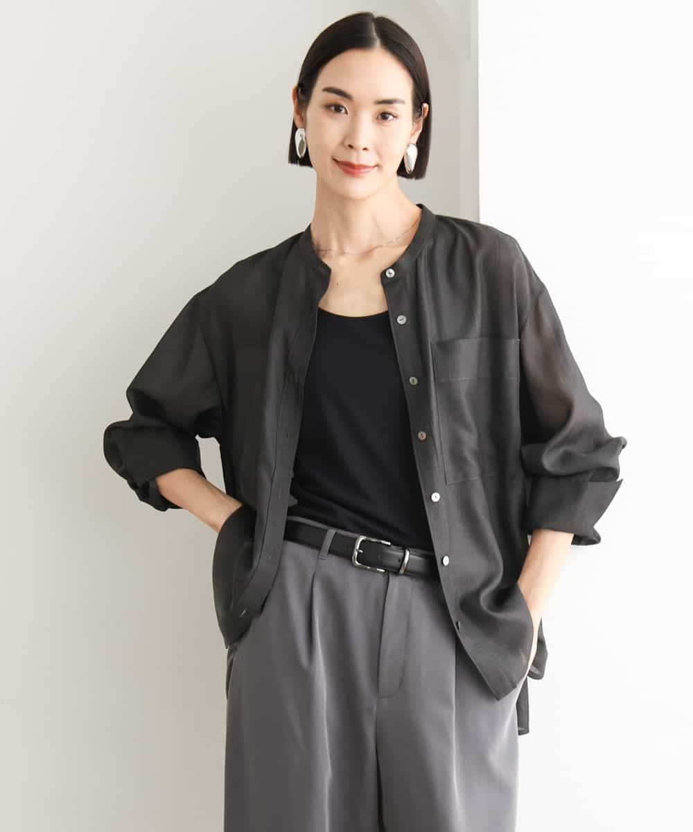 FMBJD02260 MICHEL KLEIN(ミッシェルクラン) シアーシャンブレーバンドカラーシャツ ブラック