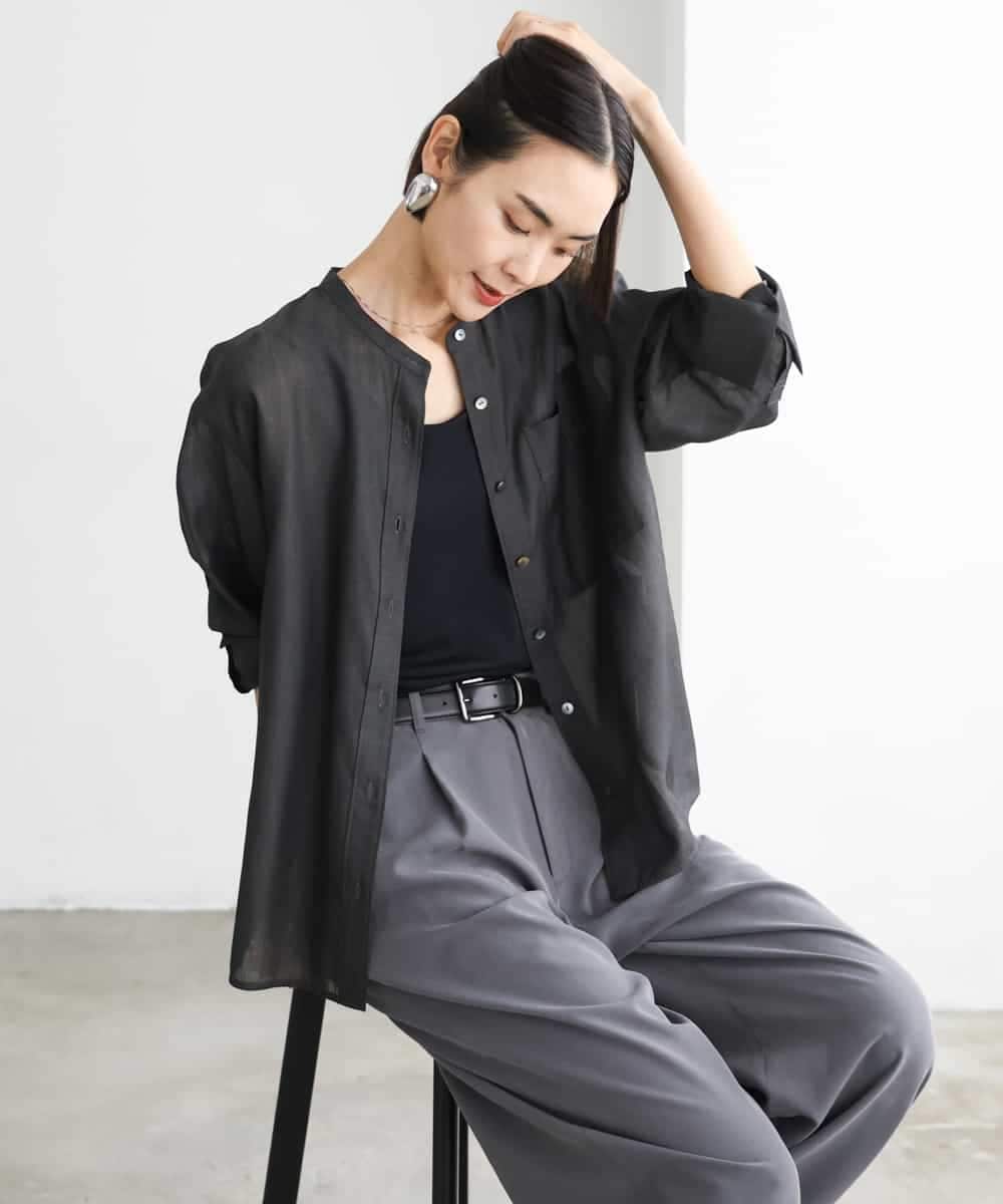 FMBJD02260 MICHEL KLEIN(ミッシェルクラン) シアーシャンブレーバンドカラーシャツ ブラック