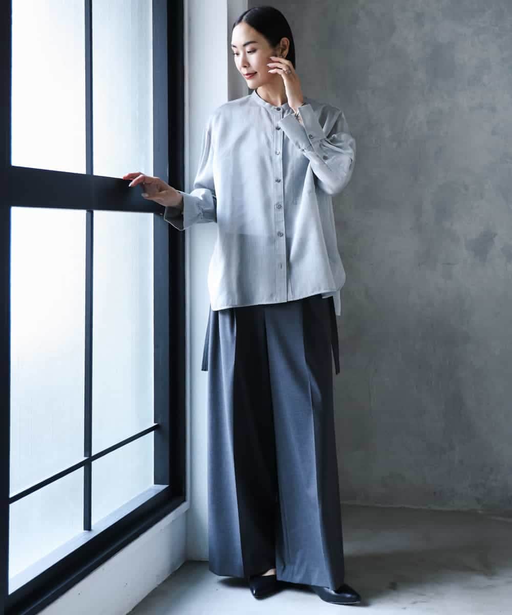 FMBJD02260 MICHEL KLEIN(ミッシェルクラン) シアーシャンブレーバンドカラーシャツ ブラック