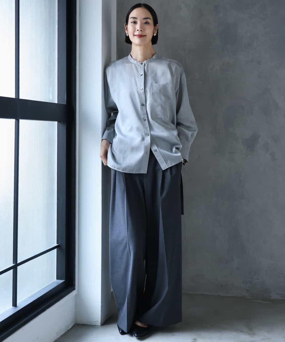 FMBJD02260 MICHEL KLEIN(ミッシェルクラン) シアーシャンブレーバンドカラーシャツ ブラック