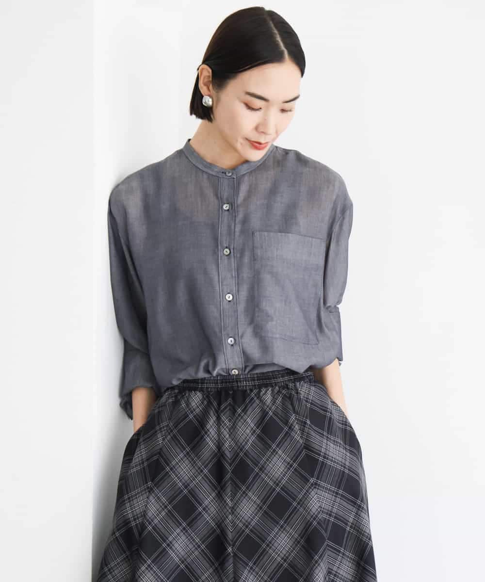 FMBJD02260 MICHEL KLEIN(ミッシェルクラン) シアーシャンブレーバンドカラーシャツ ブラック