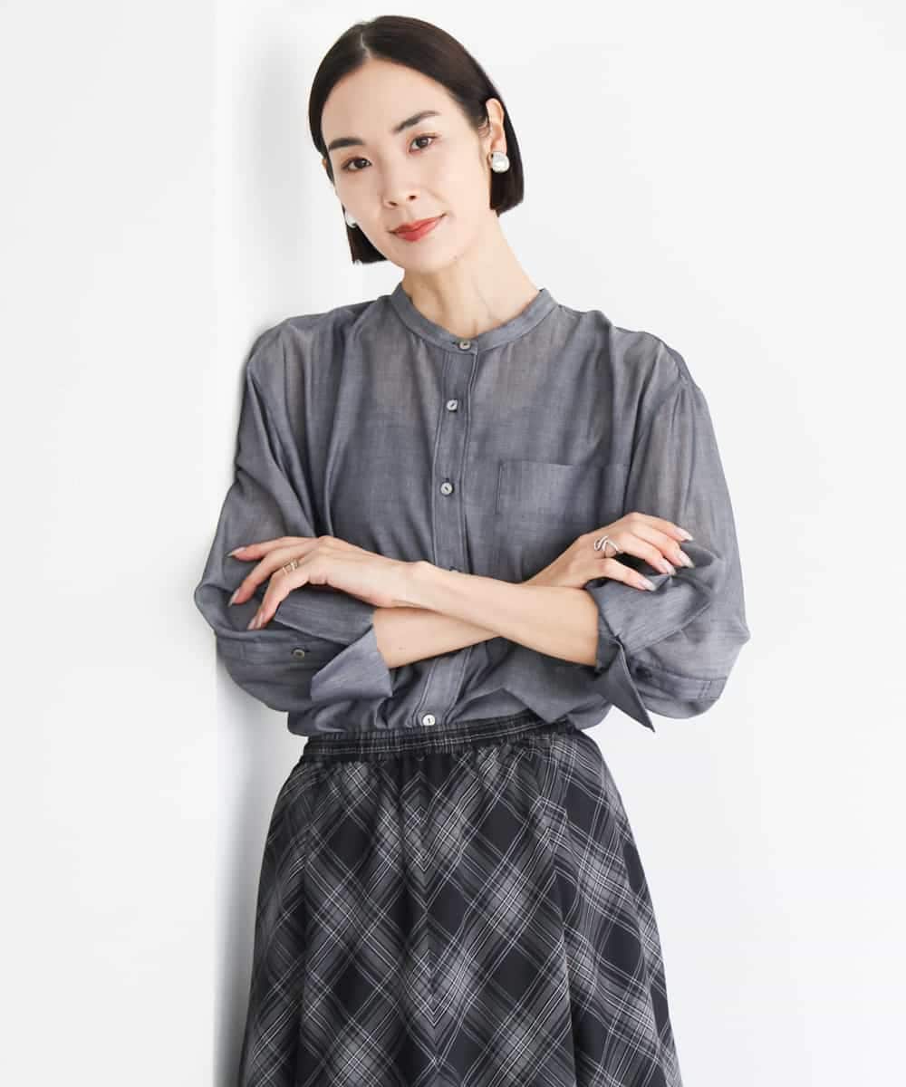 FMBJD02260 MICHEL KLEIN(ミッシェルクラン) シアーシャンブレーバンドカラーシャツ ブラック