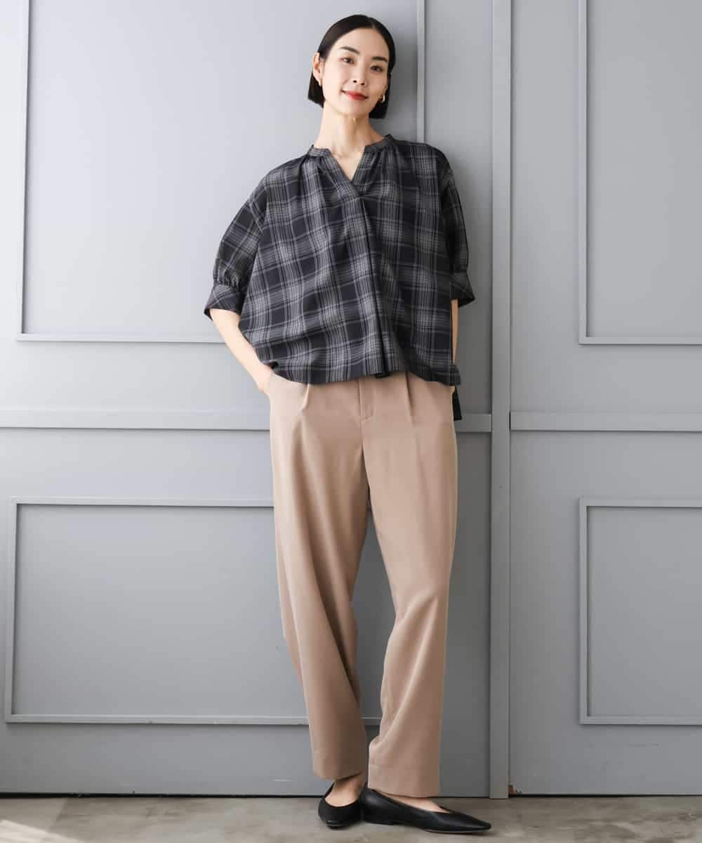 FMBJD05280 MICHEL KLEIN(ミッシェルクラン) [セットアップ対応]シアーチェックフレアブラウス ホワイト