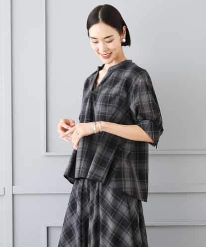 FMBJD05280 MICHEL KLEIN [セットアップ対応]シアーチェックフレアブラウス