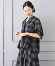FMBJD05280 MICHEL KLEIN(ミッシェルクラン) [セットアップ対応]シアーチェックフレアブラウス ブラック