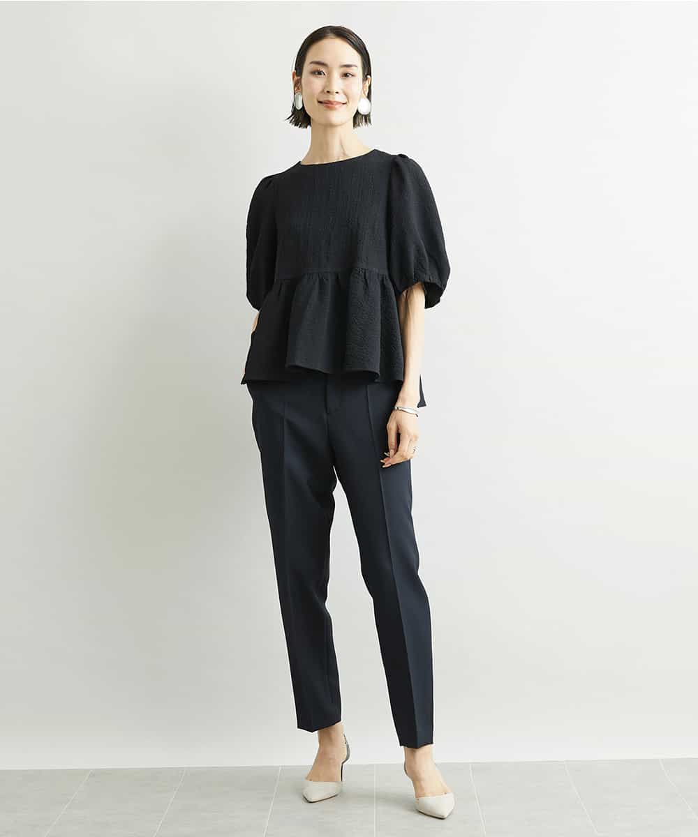 FMBJS12190 MICHEL KLEIN(ミッシェルクラン) [1枚着としておすすめ/セットアップ対応]ボリュームスリーブペプラムブラウス ブラウン(87)