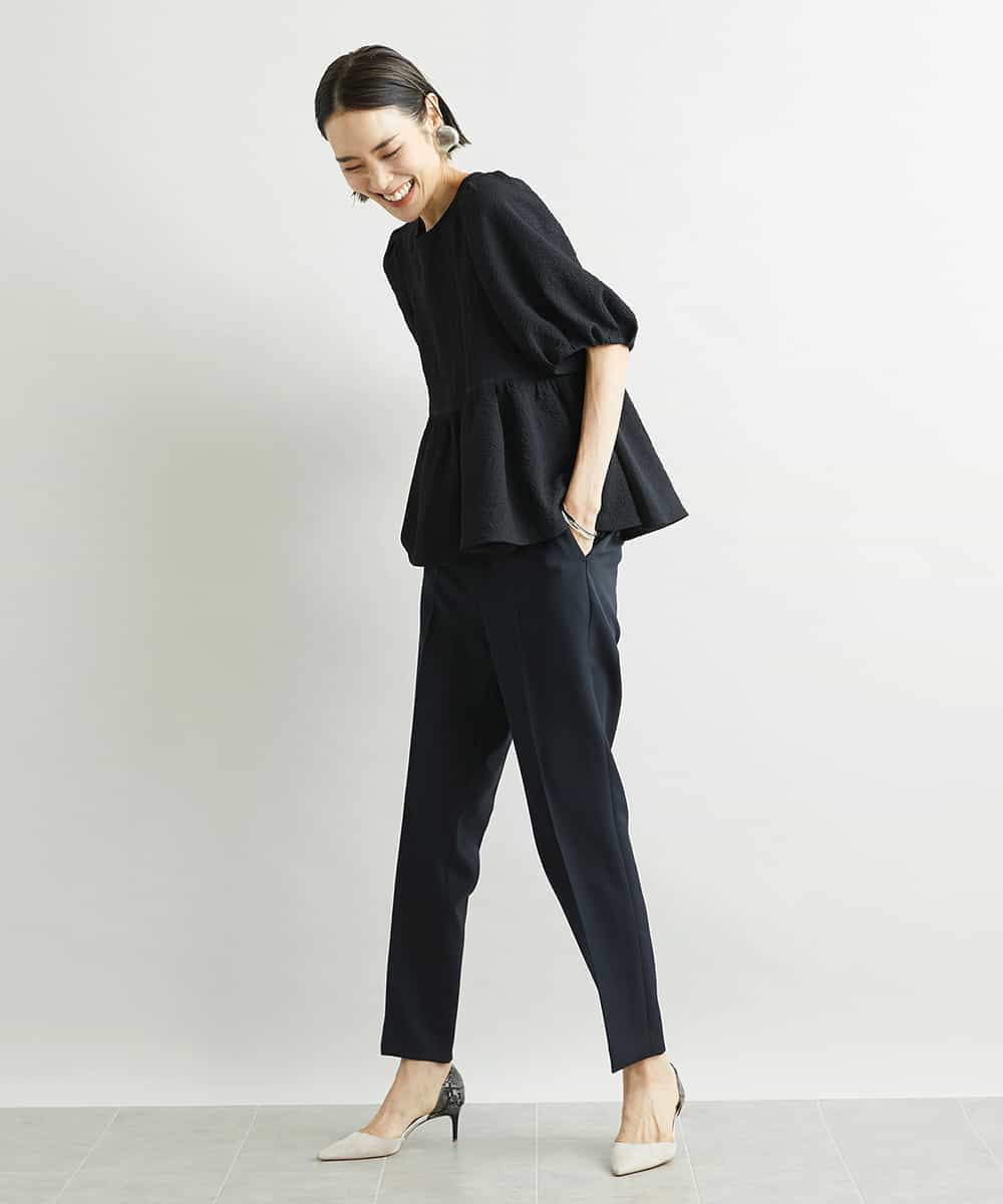 FMBJS12190 MICHEL KLEIN(ミッシェルクラン) [1枚着としておすすめ/セットアップ対応]ボリュームスリーブペプラムブラウス ブラウン(87)
