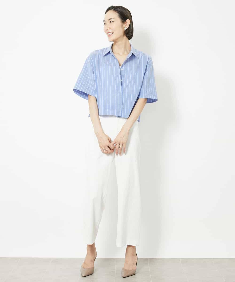 FMBJV06230 MICHEL KLEIN(ミッシェルクラン) ストライプコンパクトシャツブラウス ライトブルー(50)