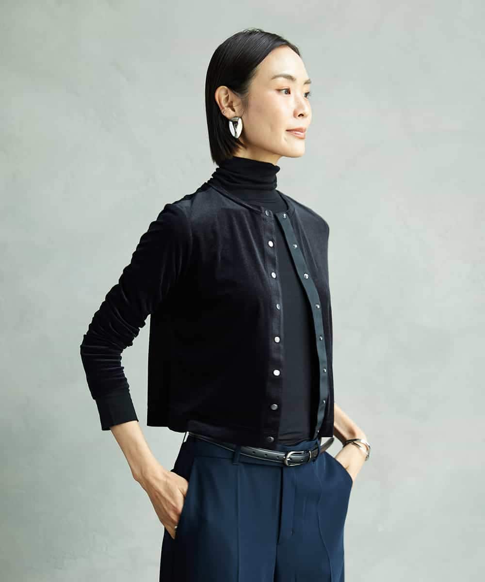 FMCAD16200 MICHEL KLEIN(ミッシェルクラン) シアーベロアクルーネックカーディガン ダークグレー