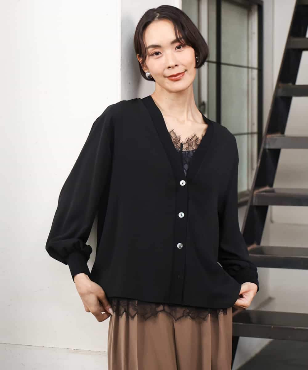 FMCJD31190 MICHEL KLEIN(ミッシェルクラン) 布帛ドッキングVネックカーディガン パープル