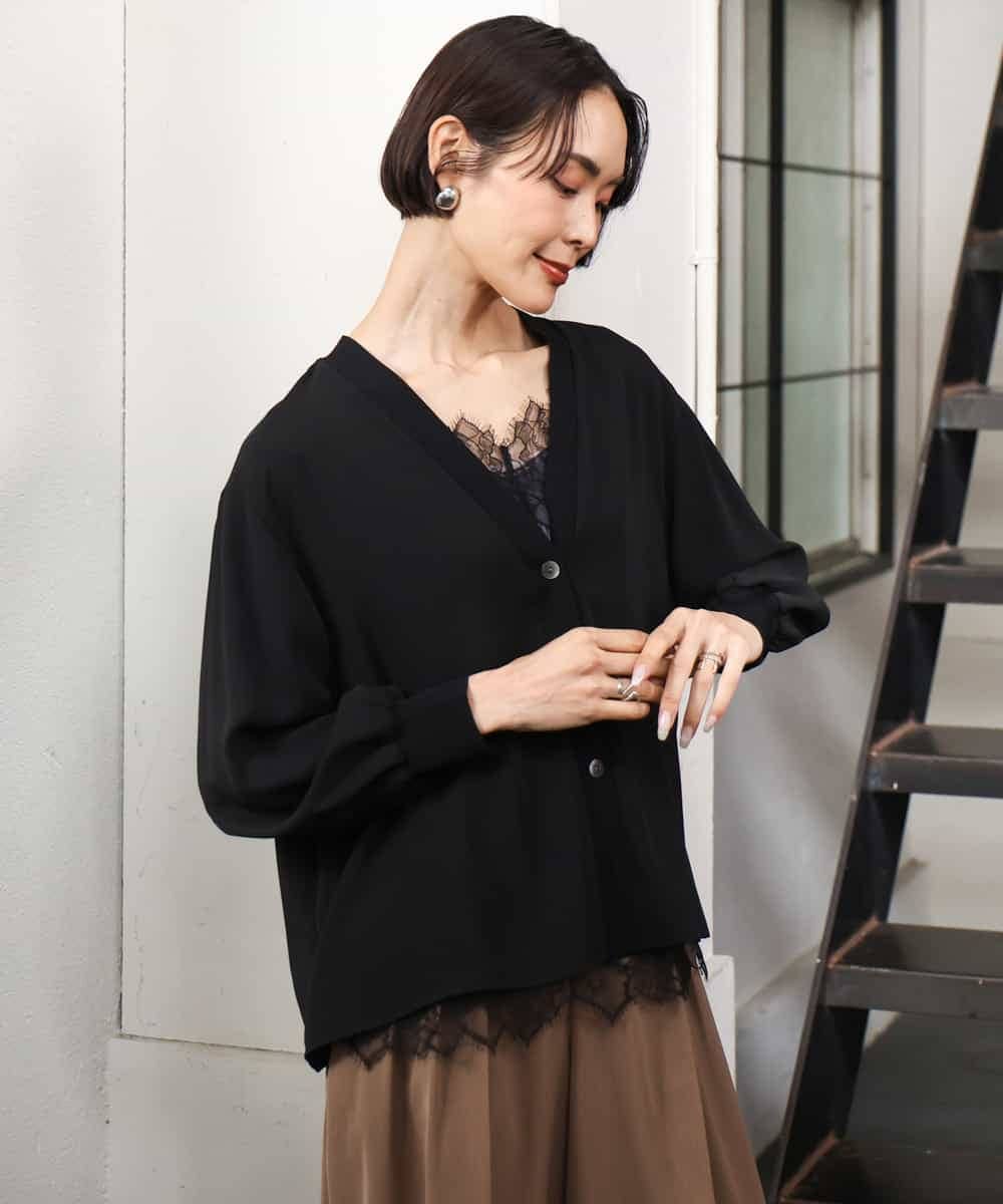 FMCJD31190 MICHEL KLEIN(ミッシェルクラン) 布帛ドッキングVネックカーディガン ブラック