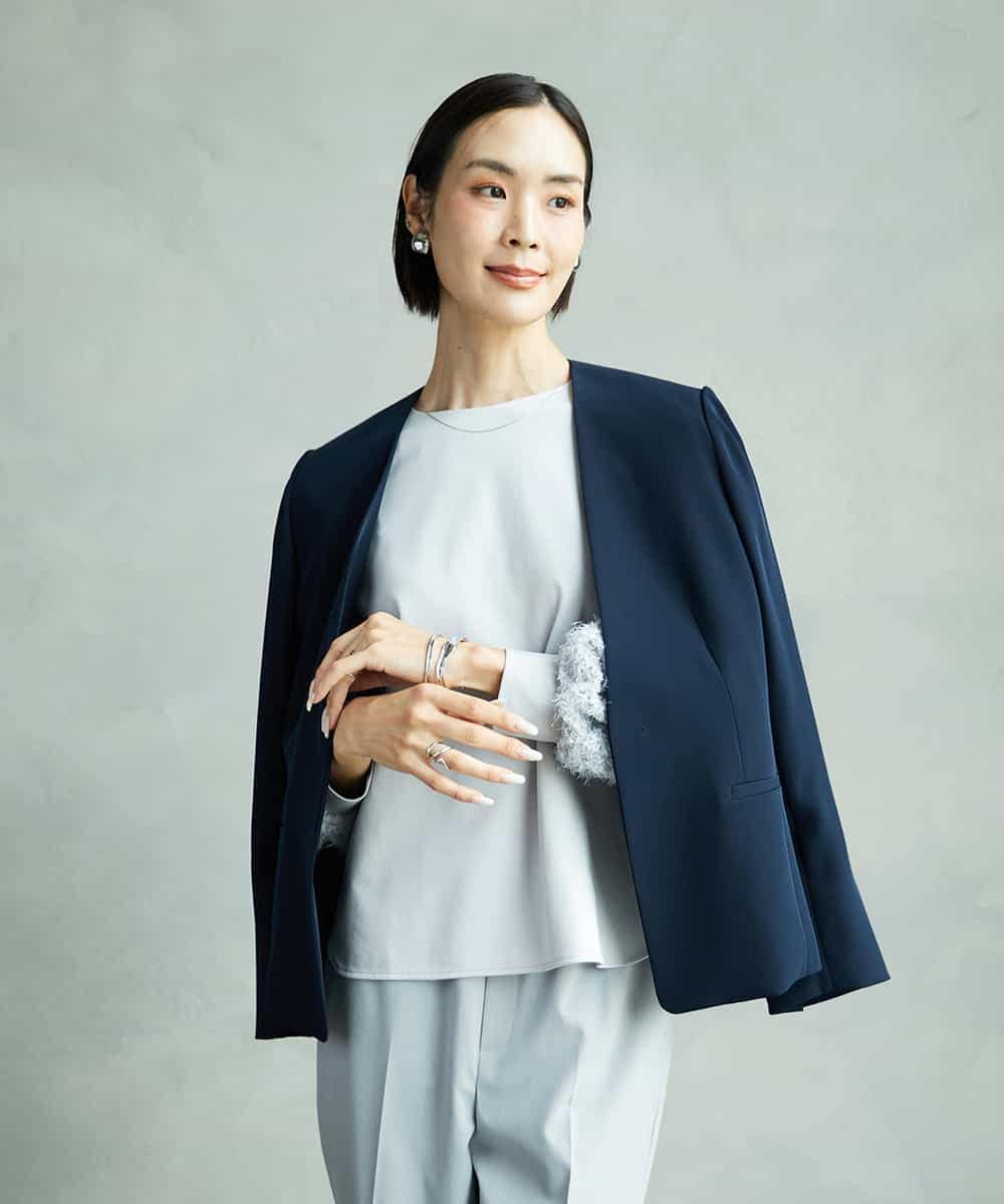 FMDAD25360 MICHEL KLEIN(ミッシェルクラン) [セットアップ対応]ノーカラージャケット ネイビー