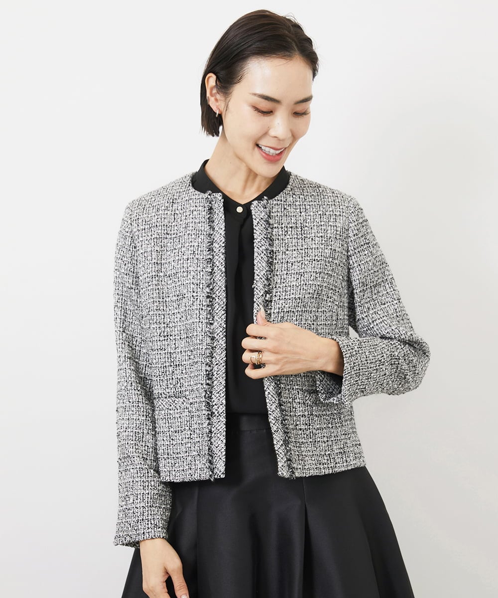 FMDDA01380 MICHEL KLEIN(ミッシェルクラン) ［セットアップ対応/洗える］ノーカラーツイードジャケット グレー