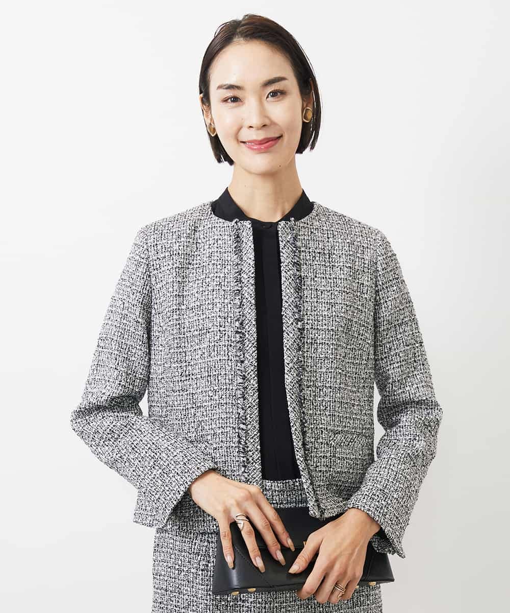 FMDDA01380 MICHEL KLEIN(ミッシェルクラン) ［セットアップ対応/洗える］ノーカラーツイードジャケット グレー